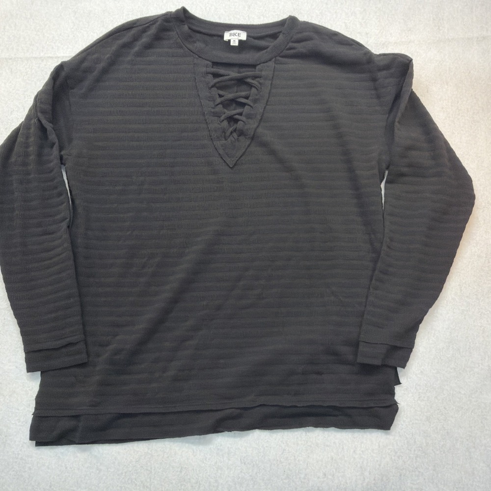 Bke Black Waffle Knit Lace Up Long Sleeve Shirt medium‎